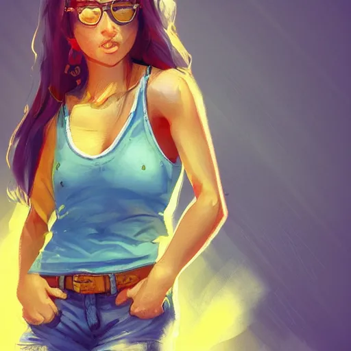 Prompt: young hyderabadi american woman wearing denim short shorts and yellow tank top, highly detailed, artgerm style, artstation, soft light, sharp focus, illustration, character design, concept art