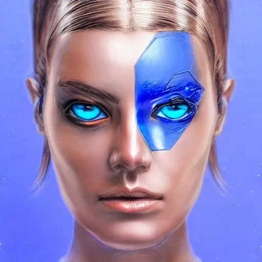 Image similar to portrait of a female android made of steel, face completely covered in phthalo blue filigree, glowing blue eyes, filigree, elegant, sharp focus, graceful, master crafted, trending on artstation, award winning, beauty,