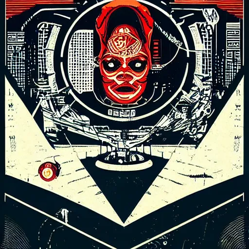 Image similar to Illustrated by Shepard Fairey and H.R. Geiger | Retro futuristic cyberpunk city