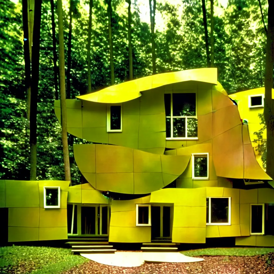 Prompt: a mid-century modern house with big tiles in a forest, designed by Frank Gehry. Film grain, cinematic, yellow hue