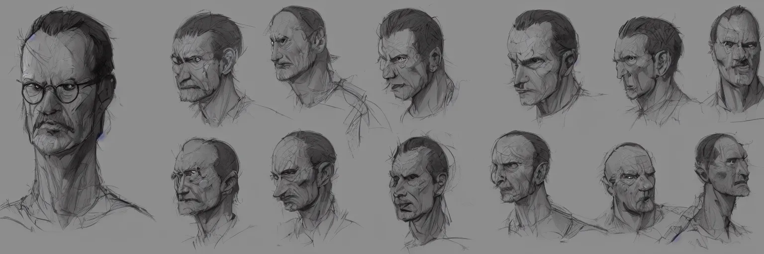 Image similar to character faces, realistic lars von trier face, character sheet, fine details, concept design, contrast, kim jung gi, greg rutkowski and da vinci, trending on artstation, 8 k, emotional, face turnaround, front view, back view, side view, ultra wide angle