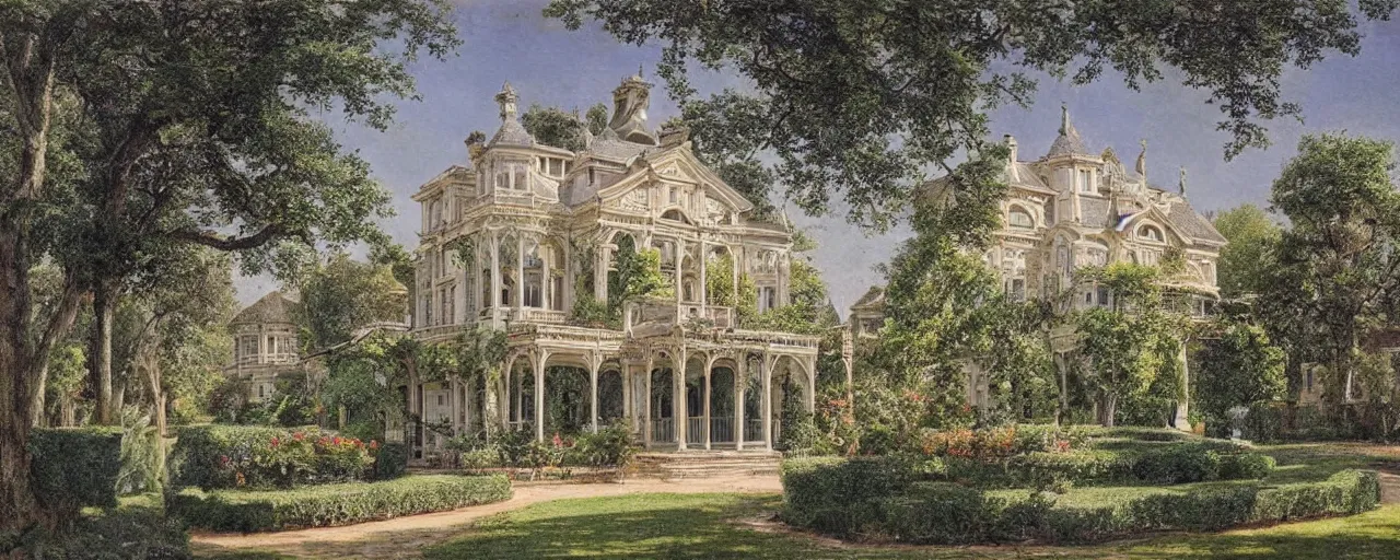Prompt: a highly detailed photograph of a house from the 1880s surrounded by beautiful gardens, view from ground level, elegant, ornate, daytime, beautifully lit scene