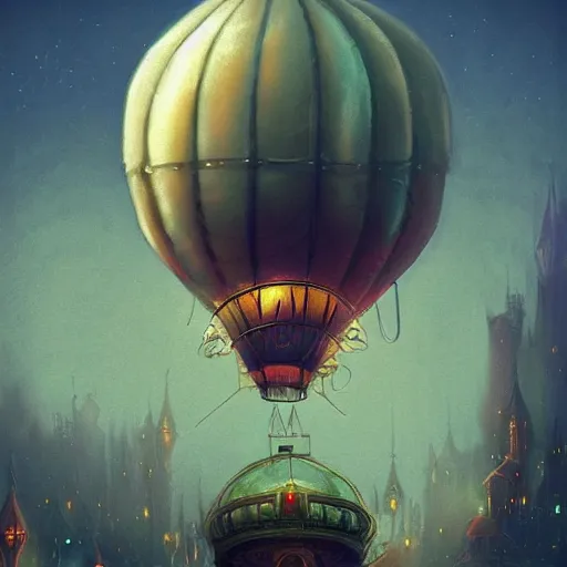 Image similar to a beautiful stunning fantasy whimsical matte digital illustration of a hot - air balloon powered by magic over a lit city at night by marc simonetti, pastel color palette, disney magic the gathering steampunk, chiaroscuro magical bokeh moon stars, trending on artstation hq, masterpiece