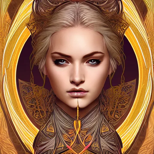 Image similar to head-on symmetrical centered painted portrait, warrior princess, voluminous blonde hair, art nouveau, fractal tarot card style, masterpiece, fantasy, intricate, elegant, highly detailed, smooth, sharp focus, illustration, artstation, in the style of Artgerm and Anna Podedworna and Alex Ross and Mucha