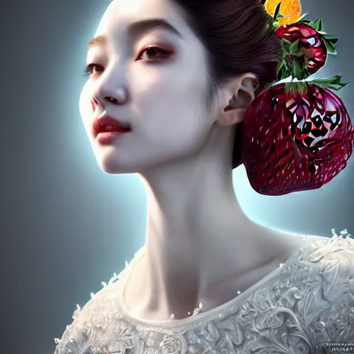 Image similar to the portrait of an absurdly beautiful, graceful, elegant, sophisticated, fashionable young gravure idol made of strawberries and white petals, an ultrafine hyperdetailed illustration by kim jung gi, irakli nadar, intricate linework, bright colors, octopath traveler, final fantasy, unreal engine 5 highly rendered, global illumination, radiant light, detailed and intricate environment