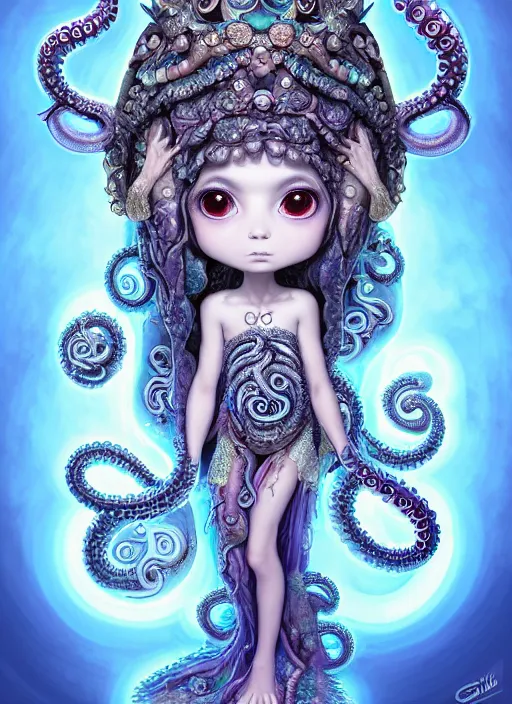 Image similar to A full shot of a cute magical monster Cryptid wearing an ornate dress made of opals and tentacles. Chibi. Subsurface Scattering. Translucent Skin. Caustics. Prismatic light. defined facial features, symmetrical facial features. Opalescent surface. Soft Lighting. beautiful lighting. By Giger and Ruan Jia and Artgerm and WLOP and William-Adolphe Bouguereau and Loish and Lisa Frank. Sailor Moon. Masterpiece. trending on artstation, featured on pixiv, award winning, cinematic composition, dramatic pose, sharp, details, Hyper-detailed, HD, HDR, 4K, 8K.