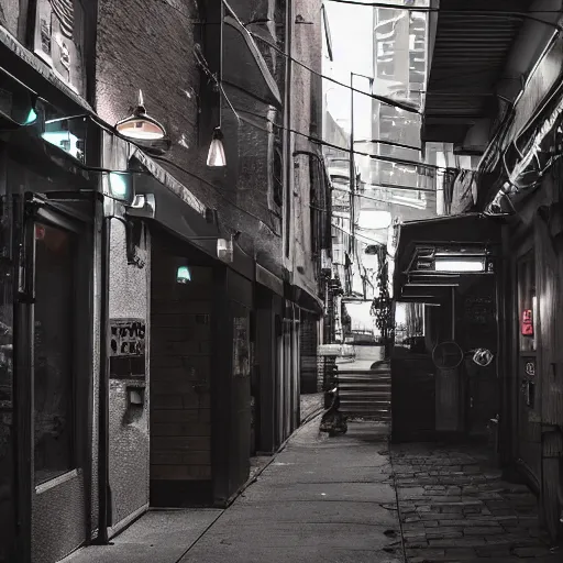 Prompt: downtown alleyway with watch repair shop in cyberpunk city, photograph, dark, ominous