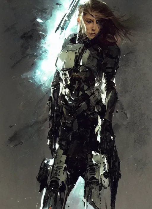 Image similar to Elizabeth Olsen wearing metal gear armor holding a shotgun dramatic lighting art by Yoji Shinkawa by Richard Schmid by greg rutkowski by Sandra Chevrier by Jeremy Lipking cinematic dramatic