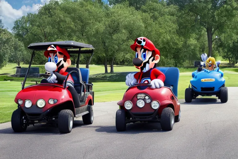 Image similar to mario brothers and sonic the hedgehog driving golf carts, movie still, from the new fast and furious movie, 8 k, hd