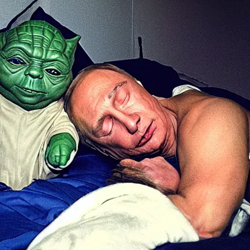 Image similar to putin sleeping in bed next to yoda