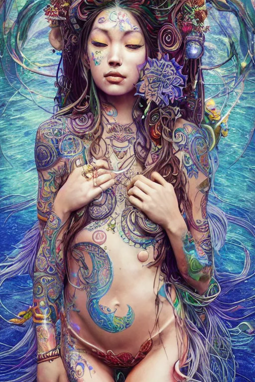 Prompt: a centered full body render of an alluring festival hippy with tribal tattoos surrounded by a underwater ink pour and flowing liquid gallium and sacred geometry, perfect body and face, gorgeous, cinematic, beautifully lit, by miho hirano, by karol bak, by donato giancola, 3 d, trending on artstation, octane render, 8 k