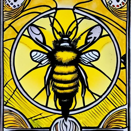 Prompt: a bumblebee in the middle of a bullseye, art nouveau, fantasy illustration, tarot, dark and angry
