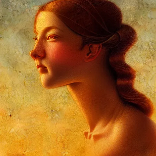 Prompt: Facial portrait of a cute shy woman, looking away from the camera, slight awkward smile, lips slightly parted, no hands visible,, intricate, extremely detailed painting by Henry Justice Ford and by Greg Rutkowski and by Moebius, golden hour