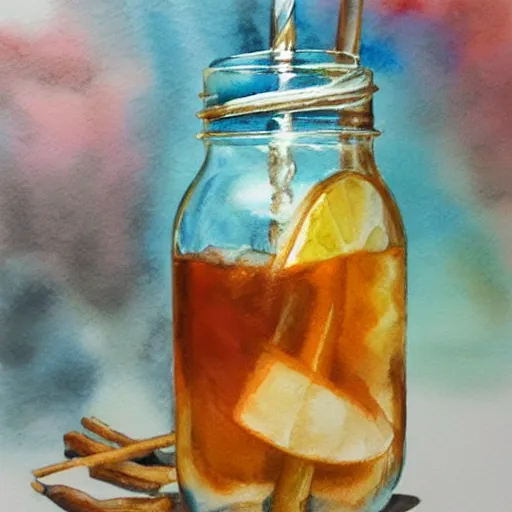 Image similar to Ice Tea in a mason jar, Watercolor, photorealistic, high resolution, award winning, trending on artstation, art poster, art by artgerm