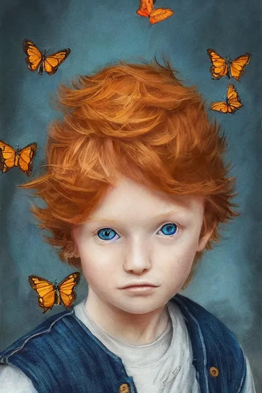 Prompt: a little boy with ginger hair wearing denim overalls chasing butterflies. clean elegant painting, beautiful detailed face, lots of butterflies. by artgerm and greg rutkowski