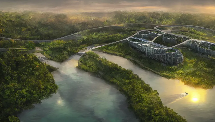 Image similar to concept art of an ecological green hotel built near chicago with water and bridges around it, sunset light, hyperdetailed, artstation, cgsociety, 8 k