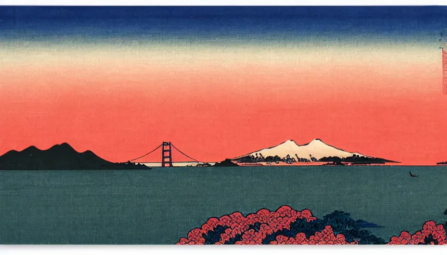 Image similar to sunset over the san francisco bay area by katsushika hokusai