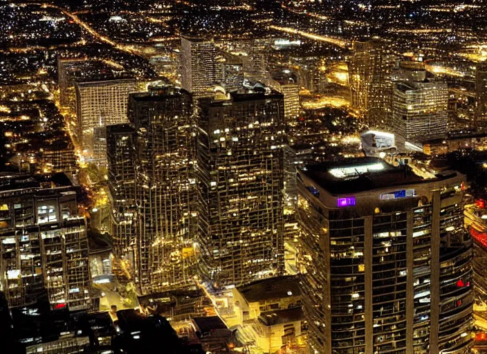 Image similar to a sprawling building complex in los angeles at night. photo by james cameron