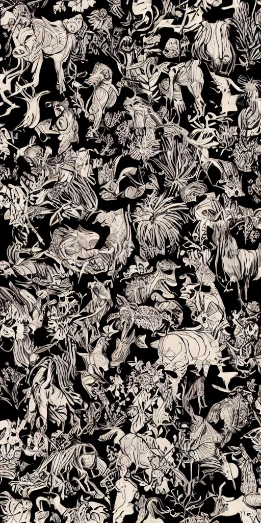 Image similar to animals and plants on a black background, wallpaper, Illustration, Anatomical Drawing, Painting