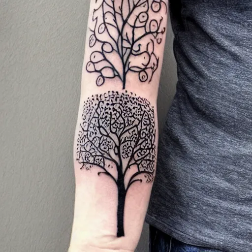 Image similar to photograph of a sleeve tattoo, black ink, intricate celtic pattern with tree of life, highly-detailed, beautiful, award winning, 8k