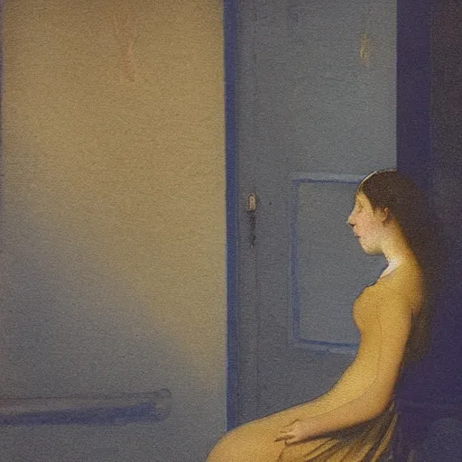 Prompt: close up of a girl in a blue and gold haunted liminal abandoned room, watercolor by goya, by hammershøi, art noveau, highly detailed, lights by edward hopper, liminal, eerie, bright pastel colors
