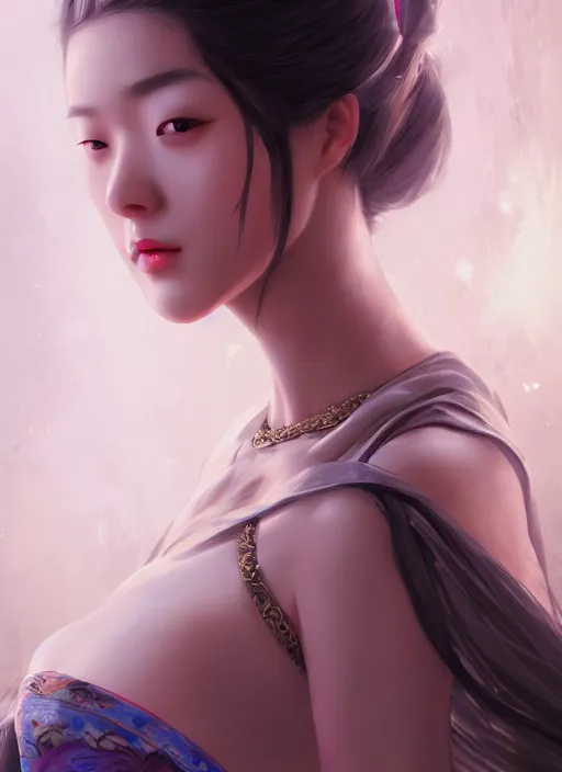 Image similar to beautiful fashion girl in ancient china, strapless dress, character portrait in the style of thomas river and artgerm, wlop, cinematic lighting, hyperdetailed, 8 k realistic, symmetrical, global illumination, radiant light, halo, love and mercy, frostbite 3 engine, cryengine, dof, trending on artstation, digital art, chanel