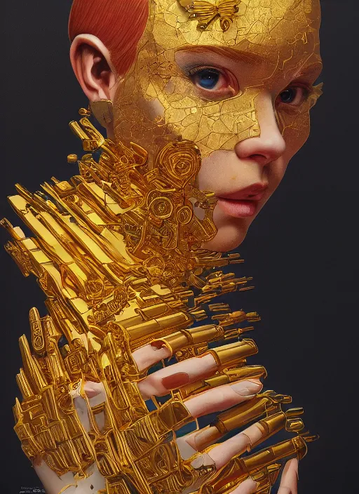 Image similar to gold portrait :: by Martine Johanna and Simon Stålenhag and Chie Yoshii and wlop and Guillermo del toro :: ornate, dynamic, particulate, rich colors, elegant, centered, artstation, smooth, sharp focus, octane render, 3d