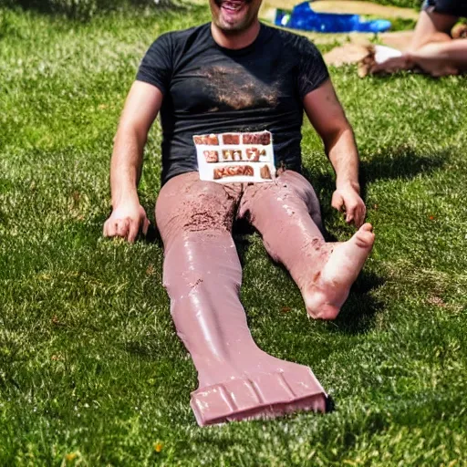 Image similar to adult sliding down chocolate pudding slip n slide legs first, professional photo taken at the park