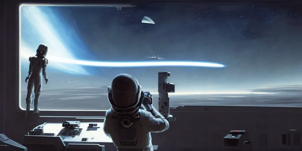 Image similar to hyper realistic sci - fi matte concept art painting of a young spaceship pilot watching a satellite shoot a laser at earth from her window, brightly lit!, beautiful details, strong composition painted by kim jung guweta studio rutkowski, james gurney and greg rutkowski, and lucasfilm, smooth, intricate, detailed, sharp focus, cinematic