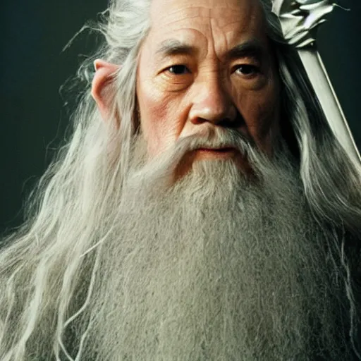 Image similar to a still from “ lord of the rings ” of a head and shoulders portrait of master tang as gandalf, photo by phil noto