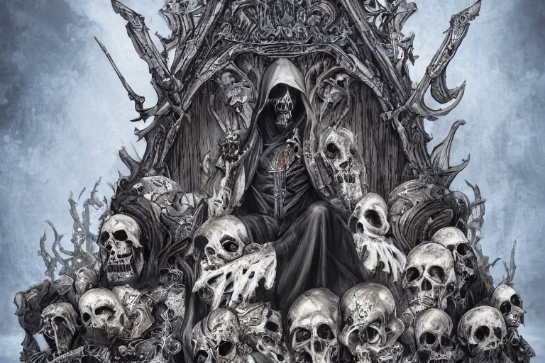 Image similar to Grim reaper sitting on a throne made of skulls, wide shot, digital art, fantasy, concept art, highly detailed, dark colors, blue tint,