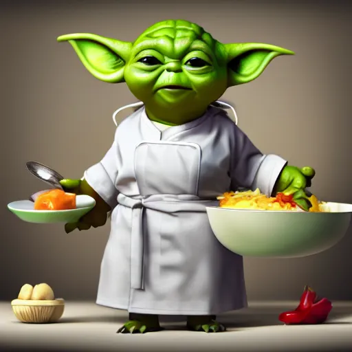 Prompt: curious mouth agape innocent tiny overweight chubby baby yoda as chef wearing white chefs hat and white apron, offering a plate of food, vegetables, photography, hyperrealism, unreal engine, octane 3 d render, houdini, unity 3 d, highres, adobe premier pro