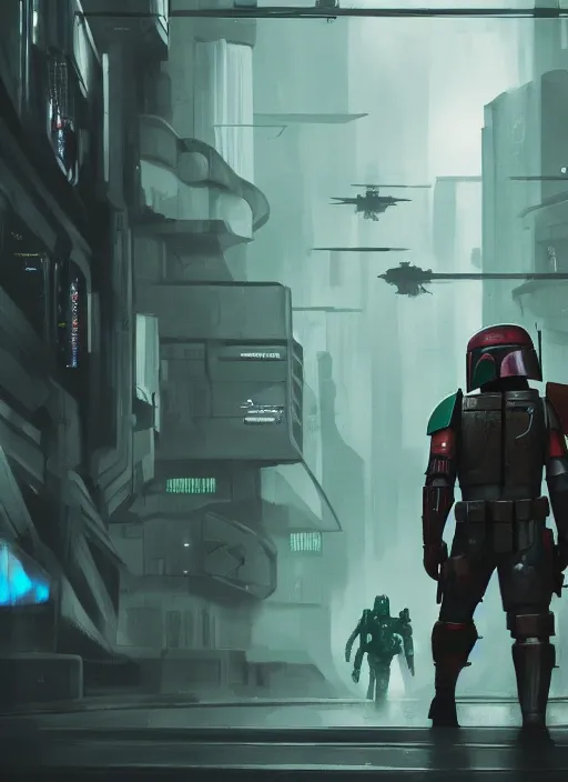 Image similar to Cyberpunk Boba Fett walking towards camera, low angle, epic, artstation, cyberpunk, intricate complexity