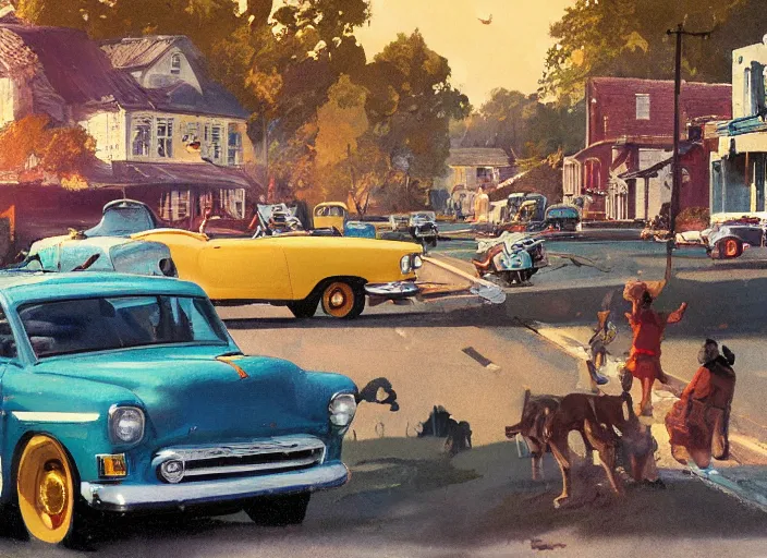 Image similar to concept art small rural town in middle america 1950s hotrods driving down a street , vintage, high detail, golden hour, 8K, by John Berkey