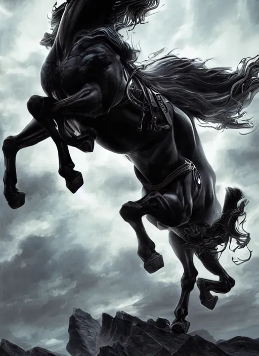 Image similar to the first horseman of the apocalypse riding a strong big black stallion, horse is running, the rider is carrying the scales of justice, artwork by artgerm and rutkowski, breathtaking, dramatic, full view