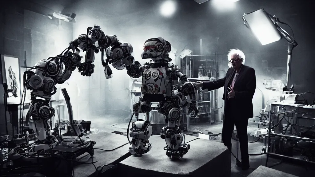 Image similar to ( bernie sanders ) putting the finishing touches on a ( cute ) ( clockwork ) doomsday robot, cinematic moody lighting, sharp focus, imax