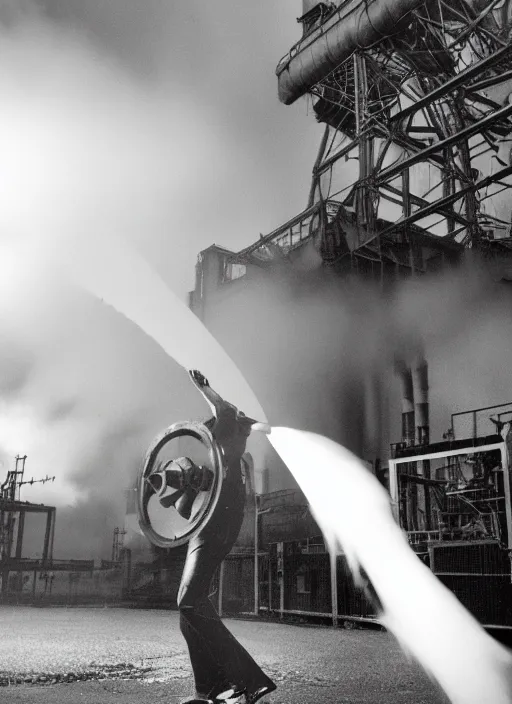 Image similar to an award winning photo of a 1980s punk holding up a huge industrial cog while being blasted with steam, photorealistic, background is abandoned power plant