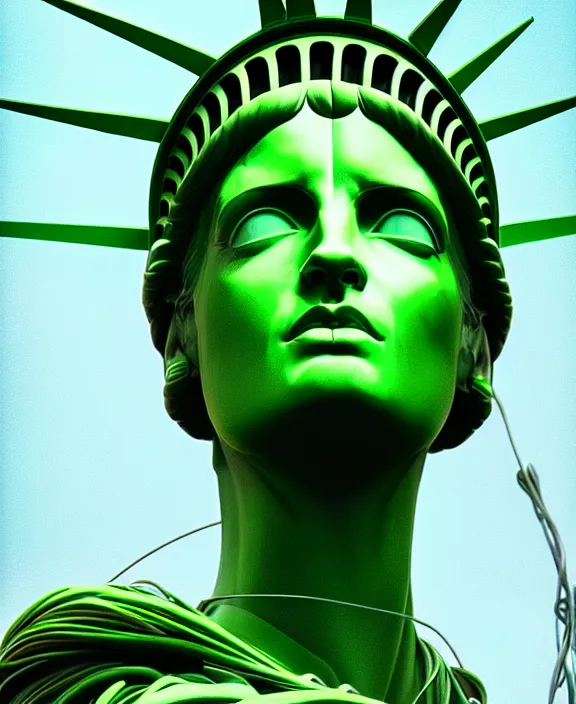 Prompt: cyberpunk statue of liberty, perfect face, symmetrical eyes, green skin, exposed wires and neon, cinematic, stunning, elegant, highly detailed, psychedelic, digital painting, artstation, smooth, hard focus, illustration, art by jessica rossier and and brian froud