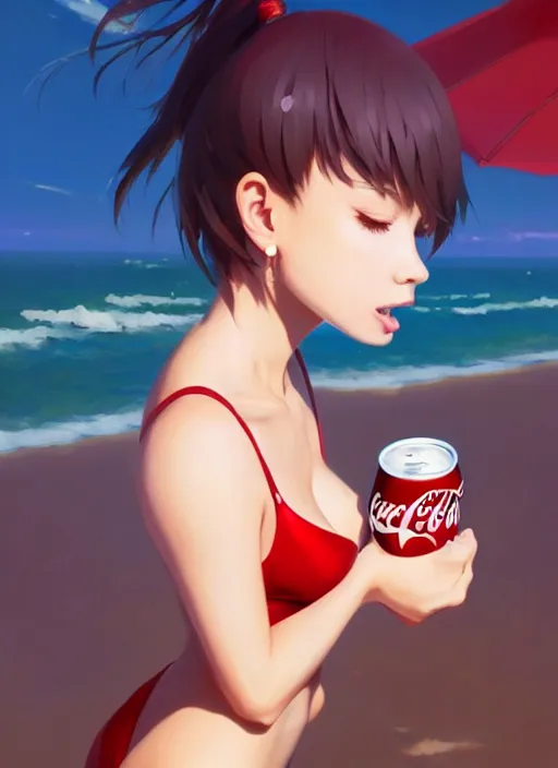 Prompt: full body picture of a girl drinking a coke, highly detailed face, very thirsty, dripping on the body, sharp focus, shiny day beach, extremely beautiful and cute and aesthetic face and body, specular reflection, occlusion shadow, trending on artstation, epic light novel cover art, art by ilya kuvshinov and sakimichan and jeremy lipking