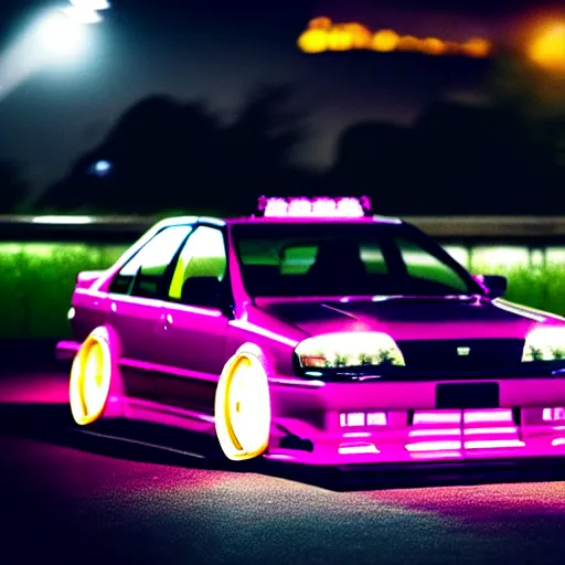 Image similar to a car JZX90 turbo drift at illegal car meet, Chiba prefecture, city midnight mist lights, cinematic color, photorealistic, highly detailed wheels, 200MM