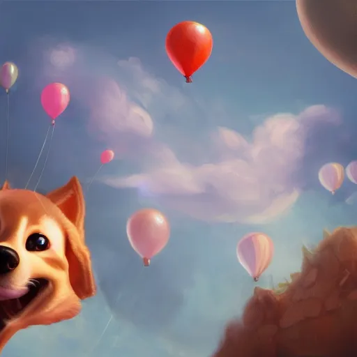 Prompt: puppy high in the air holding balloons, 8k, fantasy, intricate, cinematic lighting, highly detailed, digital painting, artstation, concept art, smooth, sharp focus, illustration, by Pixar