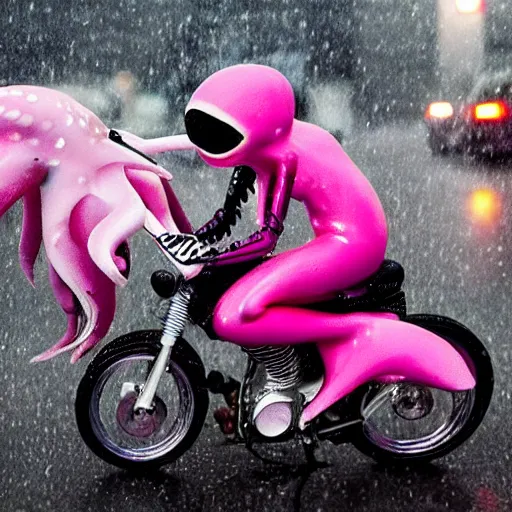 Image similar to hyper realistic, photo, humanoid pink female Squid creatures riding a motorcycle fast in the rainy city traffic