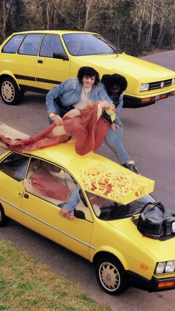 Prompt: 1 9 8 0 s vw golf made out of ham and cheese