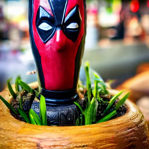 Image similar to a closeup photorealistic photograph of a deadpool style tiki mug sitting at a trader vic's beach bar featuring the face of deadpool. tiki party. bright scene. fine detail. this 4 k hd image is trending on artstation, featured on behance, well - rendered, extra crisp, features intricate detail, epic composition and the style of unreal engine.