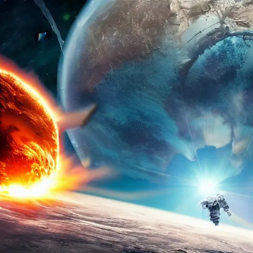 Prompt: astronaut stranded on planet, destroyed ship, exploding planet in background, impending fear, 4 k, dystopian, lonely, isolated space station in space, sci - fi, crash landing, asteroids.