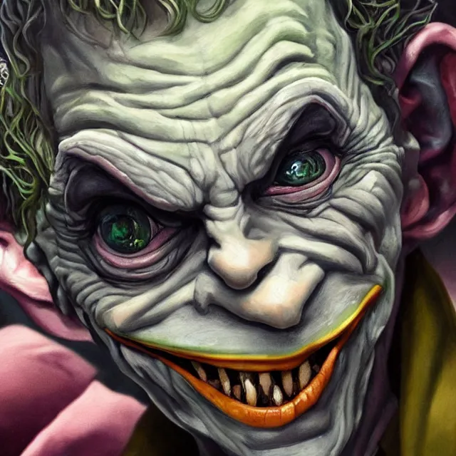 Prompt: a painting of gollum as the joker, detailed 8 k trending on artstation