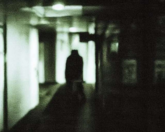 Image similar to aggressive psychopath looking at camera, psychedelic lighting, at night, cctv footage, out of focus, motion blur