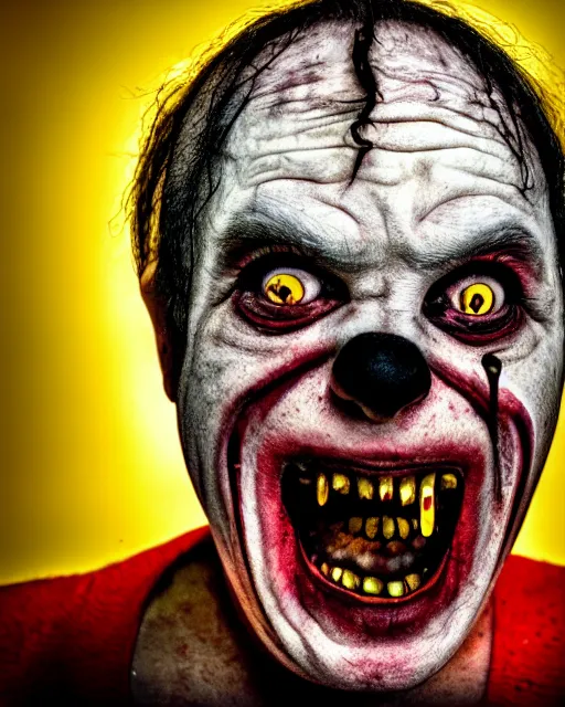 Image similar to portrait of an ugly old possessed clown crying. ugly, creepy, demonic, horror. cinematic lighting. photographic, photography