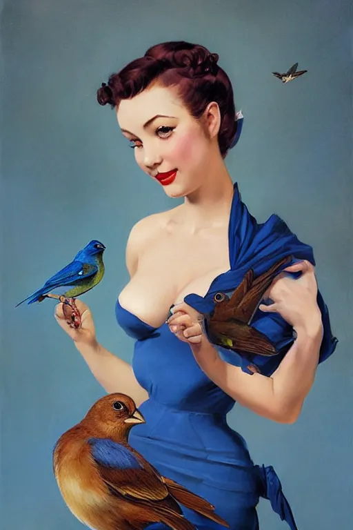 Image similar to hyper realistic painting, tasteful pinup girl holding an indigo bunting, bird, the bird is wearing a bowtie, by greg rutkowski, rossdraws, gil elvgren, enoch bolles, anime, porcelain skin, very coherent