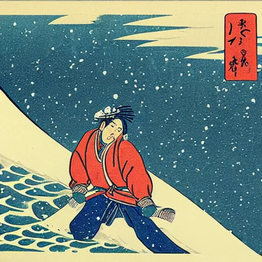 Image similar to man snowboarding snowing woodblock print, style of hokusai winter, fine art, style of kanagawa, painting